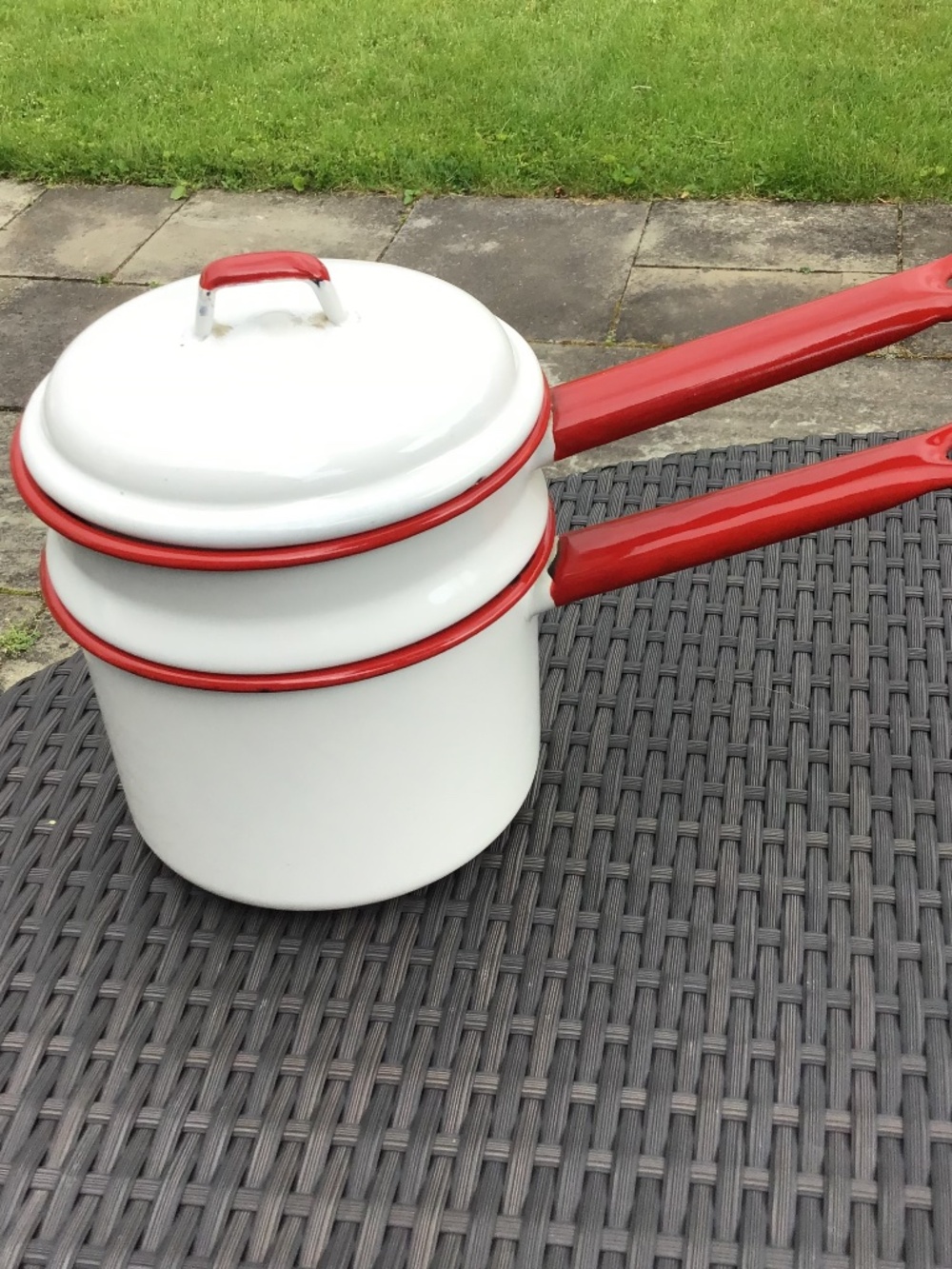 Vintage Enamelware Double Boiler White Red 3 Piece Set Farmhouse - Picture 15 of 15
